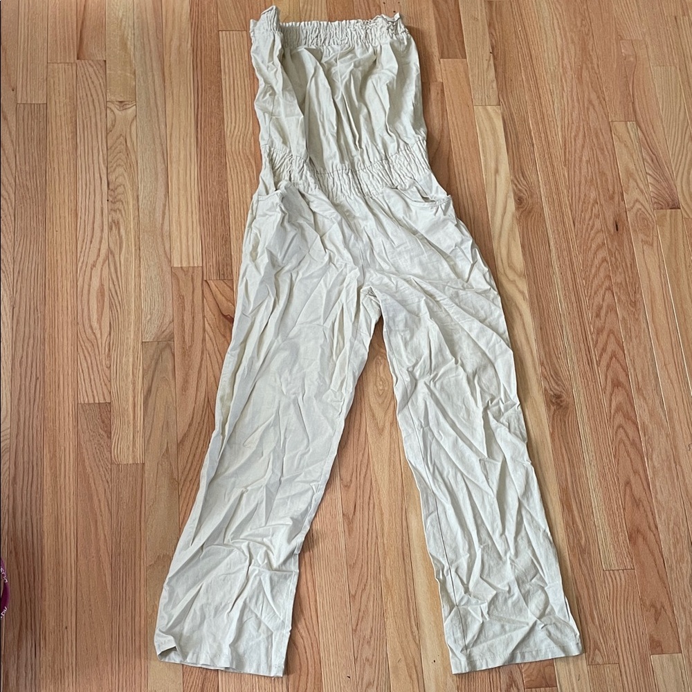 Chesley Strapless Jumpsuit Womens Large Beige 100% Linen Old Money Travel Resort